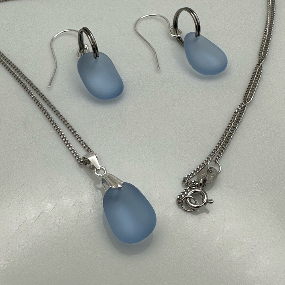 ARTISAN Smoky Blue Sea Glass Pendant Sterling Silver Necklace and Earrings Set
